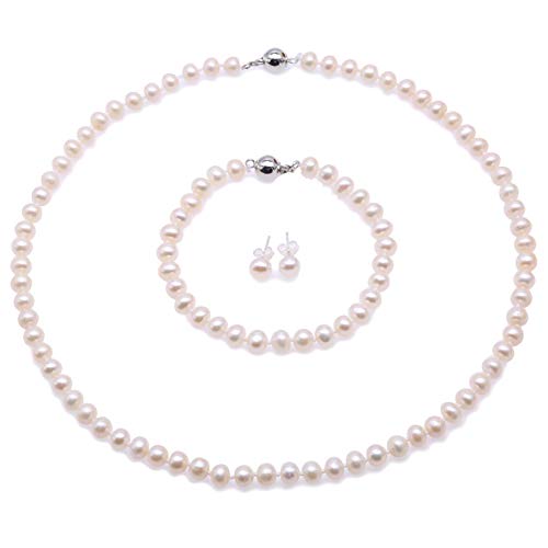 JYX Perlenkette Weiß eechte perlenkette weiss Süßwasser Perlenkette, Armband und Ohrstecker Set - Perlen Schmuckset Damen - AA Qualität (5-6mm Flache Runde Perle) von JYX Pearl