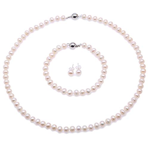 JYX Perlenkette Weiß eechte perlenkette Weiss Süßwasser Perlenkette, Armband und Ohrstecker Set - Perlen Schmuckset Damen - AA Qualität (5-6mm Flache Runde Perle) von JYX Pearl