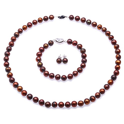 JYX Wunderschönes 8–9 mm Kaffee-Perlen-Halsketten-Armband-Ohrring-Set, 45,7 cm, Perle, Perle von JYX Pearl