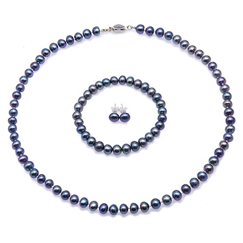 JYX perlenschmuck set 7–7,5 mm Peacock blue pearl Halskette Armband Sterling Silber Ohrringe Set perlenkette set von JYX Pearl