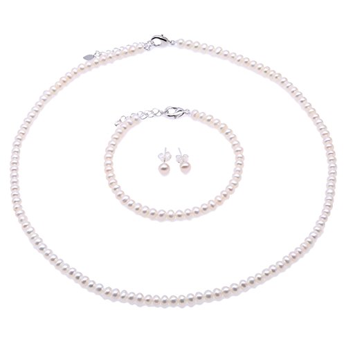 JYX perlenschmuck set Perlenkette Weiß Suesswasser Perlenkette Perlen Schmuck-Sets - Kleine Größe 5-6 mm weiße Perlenkette Armband & 925 Sterling Silber Ohrringe Schmuck-Set - Kette von JYX Pearl