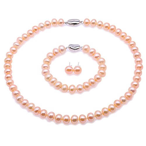 JYX perlenschmuck set rosa Suesswasser Perlenkette Perle Set Schmuckset Silber 925 Damen Süsswasser Perlenkette Set - 9-10mm AA Flache Runde Süßwasserperlen Halskette, Armband und Ohrstecker Set von JYX Pearl