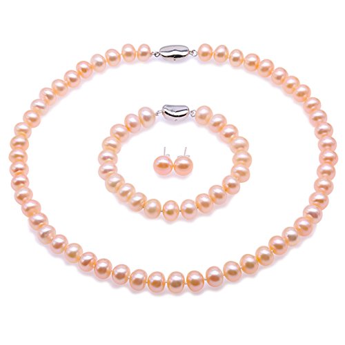 JYX Perlenschmuck Set - Rosa Süßwasser Perlenkette, Armband und Ohrstecker Set - 9-10mm AA Flache Runde Süßwasserperlen - Damen Schmuckset Silber 925 von JYX Pearl