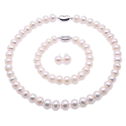 JYX Pearl Set Schmuckset Silber 925 Damen Perlenkette Set Weiße Süßwasser kultivierte Perlen Halskette Armband Ohrringe Schmuck Set 16 Zoll von JYX Pearl