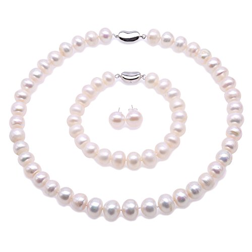 JYX pearl set Schmuckset Silber 925 Damen Perlenkette Set Weiße Süßwasser kultivierte Perlen Halskette Armband Ohrringe Schmuck Set 16 Zoll von JYX Pearl