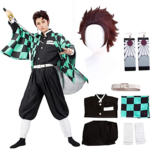 JYakeji 8 Stück Tanjirou Cosplay Kostüm mit Earrings, Demon Slayer Tanjirou Cosplay Kimono Halloween Jacke Kostüm Anime Mantel Outfit für Erwachsene und Kinder (L) von JYakeji