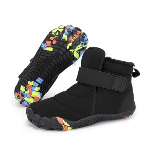 JYukaichen Kinder Barfußschuhe Winterstiefel Jungen Mädchen Warme Gefüttert Outdoor Fitnessschuhe Leicht Rutschfest Traillaufschuhe Trekking-Wanderschuhe Winterschuh, EU31, Schwarz von JYukaichen