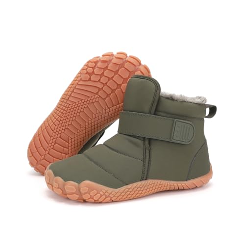 JYukaichen Kinder Barfußschuhe Winterstiefel Jungen Mädchen Warme Gefüttert Outdoor Fitnessschuhe Leicht Rutschfest Traillaufschuhe Trekking-Wanderschuhe Winterschuh, EU36, Armeegrün von JYukaichen