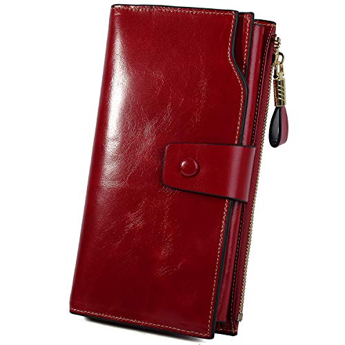 JZFOACHR Frauen mit echtem Leder Brieftasche RFID Blockierende Multi-Kartenhalter mit Handypocket-Muttertagsgeschenke, 2-gewachster rotes, echtes Leder von JZFOACHR