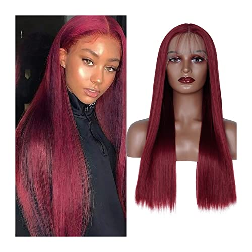 Wig 99J Burgund gerade Spitze Perücke Glueless vorgezogener Haaransatz 180% Dichte natürliche hitzebeständige synthetische T -Teile Spitze Vorderperücken für Frauen graue Perücken für Frauen (24 Zoll von JZFOACHR
