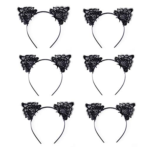 JZK 6 x Schwarz Lace Katze Ohren Haarreif Haarband Haar Band für Halloween Weihnachten Karneval Cosplay Festival Party Accessories für kinder Mädchen Frauen von JZK