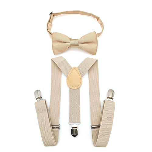 JZK Champagner beige fliege und hosenträger set kinder unter 135 cm, Y-Form 3 Clip Verstellbare Hosenträger mit Fliege für kleine Jungen und Mädchen Für Hochzeit Party und Kostüm von JZK