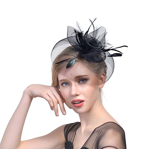 JZK Dame Vintage Fascinator Blume Kopfbedeckung Kopfstück Feder Haar Zubehör mit Clip & Stirnband, Elegant Haarschmuck Hut für Cocktail Party Hochzeit (Schleier, schwarz) von JZK