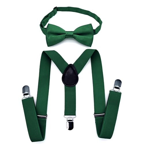 JZK Dunkelgrün fliege und hosenträger set kinder unter 135 cm, Y-Form 3 Clip Verstellbare Hosenträger mit Fliege für kleine Jungen und Mädchen Für Hochzeit Party und Kostüm von JZK