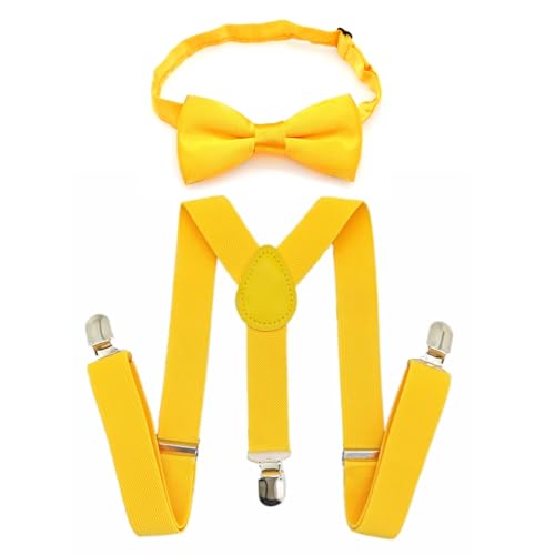 JZK Gelb fliege und hosenträger set kinder unter 135 cm, Y-Form 3 Clip Verstellbare Hosenträger mit Fliege für kleine Jungen und Mädchen Für Hochzeit Party und Kostüm von JZK