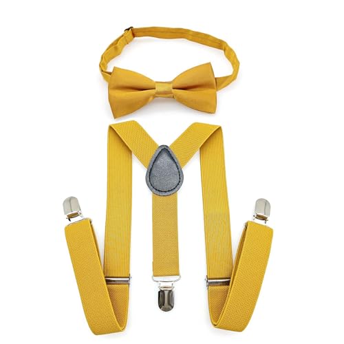 JZK Gold fliege und hosenträger set kinder unter 135 cm, Y-Form 3 Clip Verstellbare Hosenträger mit Fliege für kleine Jungen und Mädchen Für Hochzeit Party und Kostüm von JZK
