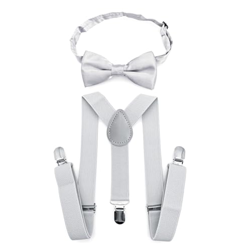JZK Hellgraue fliege und hosenträger set kinder unter 135 cm, Y-Form 3 Clip Verstellbare Hosenträger mit Fliege für kleine Jungen und Mädchen Für Hochzeit Party und Kostüm von JZK