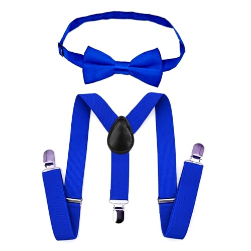 JZK Königsblaue fliege und hosenträger set kinder unter 135 cm, Y-Form 3 Clip Verstellbare Hosenträger mit Fliege für kleine Jungen und Mädchen Für Hochzeit Party und Kostüm von JZK