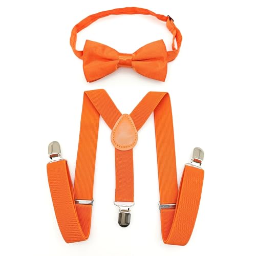JZK Orange fliege und hosenträger set kinder unter 135 cm, Y-Form 3 Clip Verstellbare Hosenträger mit Fliege für kleine Jungen und Mädchen Für Hochzeit Party, Kostüm Für Blippi von JZK