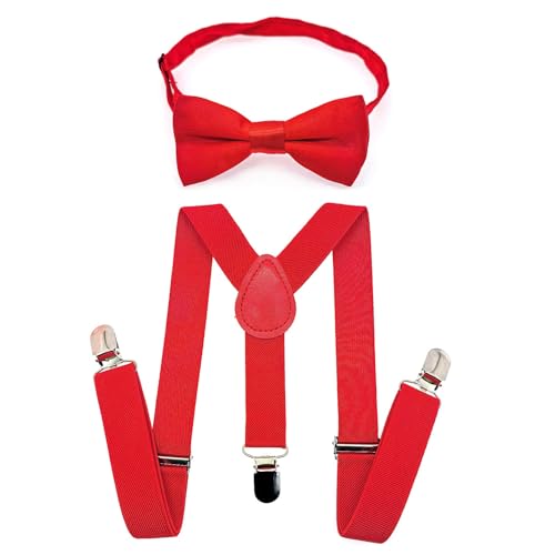JZK Rot fliege und hosenträger set kinder unter 135 cm, Y-Form 3 Clip Verstellbare Hosenträger mit Fliege für kleine Jungen und Mädchen Für Hochzeit Party und Kostüm von JZK