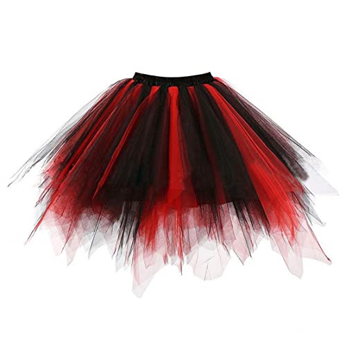 JZK Schwarz rot Tutu-Rock für Damen, kurzer Tüllrock Mädchen, 80er-Jahre-Anzieh-Outfit, geschwollenes Blasenkleid, Vintage-Ballettrock für Tanz Karneval Halloween-Party Kostüm Dia De Los von JZK