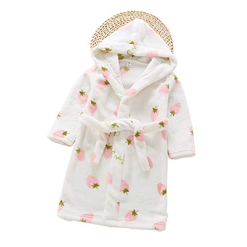 JZLPIN Kleinkinder Kinder Mit Kapuze Bademantel Kinder Pyjama Nachtwäsche Flanell Morgenmantel Dressing Gown Weiß Erdbeere 110CM von JZLPIN