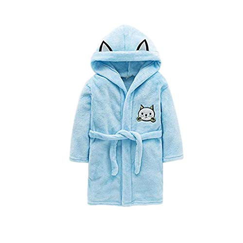 JZLPIN Unisex Kleinkinder Kinder Mit Kapuze Bademantel Flanell Pyjama Niedlich Katze Nachtwäsche Blau 120CM von JZLPIN