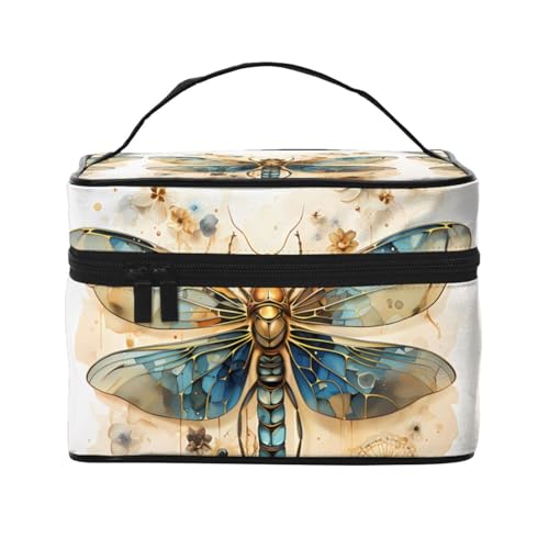 JZQZH Goldene zarte Libelle auf gelbem Hintergrund, tragbare Kosmetiktasche, personalisierter Aufbewahrungs-Organizer für Reisen, Camping, Hotels und Fernreisen von JZQZH