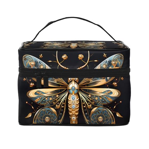 JZQZH Goldene zarte Libelle auf schwarzem Hintergrund, tragbare Kosmetiktasche, personalisierter Aufbewahrungs-Organizer für Reisen, Camping, Hotels und Fernreisen von JZQZH