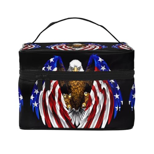 JZQZH Tragbare Kosmetiktasche mit USA-Flagge, Patriotischer Adler, personalisierter Aufbewahrungs-Organizer für Reisen, Camping, Hotels und Fernreisen von JZQZH