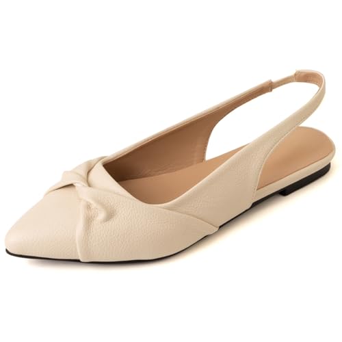 Damen Braut Spitz - Zehen Flache Schuhe Elastischer Slingback Hochzeitsschuhe Slip - Auf Niedrigen Blockabsätzen,Beige,41 EU von JZWBLDS