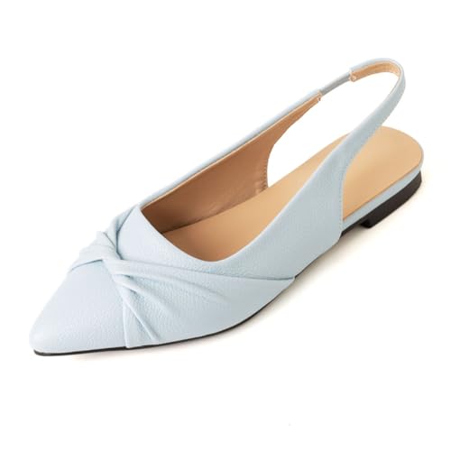 Damen Braut Spitz - Zehen Flache Schuhe Elastischer Slingback Hochzeitsschuhe Slip - Auf Niedrigen Blockabsätzen,Blau,48 EU von JZWBLDS