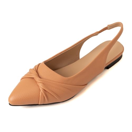 Damen Braut Spitz - Zehen Flache Schuhe Elastischer Slingback Hochzeitsschuhe Slip - Auf Niedrigen Blockabsätzen,Braun,39 EU von JZWBLDS