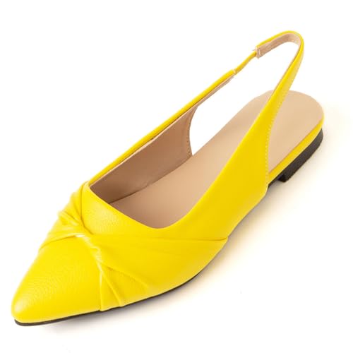 Damen Braut Spitz - Zehen Flache Schuhe Elastischer Slingback Hochzeitsschuhe Slip - Auf Niedrigen Blockabsätzen,Gelb,34 EU von JZWBLDS