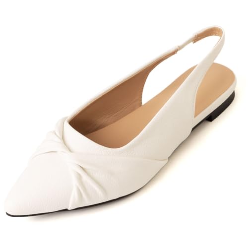 Damen Braut Spitz - Zehen Flache Schuhe Elastischer Slingback Hochzeitsschuhe Slip - Auf Niedrigen Blockabsätzen,Weiß,39 EU von JZWBLDS