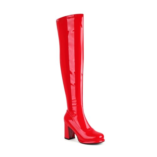 Damen Overknee Stiefel Mit Quadratischer Spitze Blockabsatz Lackleder Weit Ausgestellt Oben Trendy & Vielseitig,Rot,38 EU von JZWBLDS