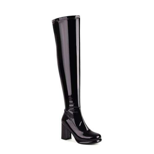 Damen Overknee Stiefel Mit Quadratischer Spitze Blockabsatz Lackleder Weit Ausgestellt Oben Trendy & Vielseitig,Schwarz,35 EU von JZWBLDS