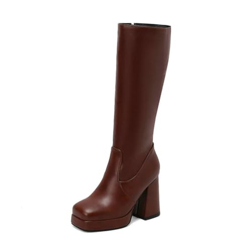 Damen Plateau Stiefel mit Blockabsatz - Knöchelhohe Stiefeletten mit eckiger Zehe und seitlichem Reißverschluss - Modische Stiefel für Frauen,Braun,48 EU von JZWBLDS