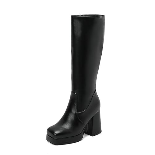 Damen Plateau Stiefel mit Blockabsatz - Knöchelhohe Stiefeletten mit eckiger Zehe und seitlichem Reißverschluss - Modische Stiefel für Frauen,Schwarz,44 EU von JZWBLDS
