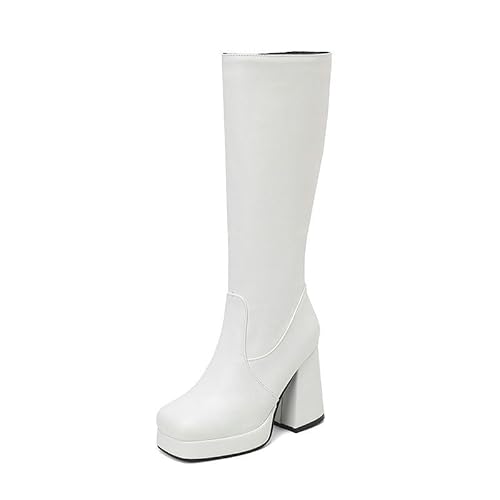 Damen Plateau Stiefel mit Blockabsatz - Knöchelhohe Stiefeletten mit eckiger Zehe und seitlichem Reißverschluss - Modische Stiefel für Frauen,Weiß,47 EU von JZWBLDS