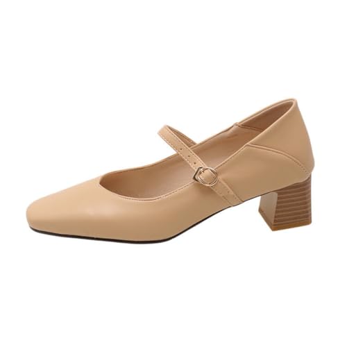 Damen Quadratische Zehe Mary Jane Schuhe 4,5 cm Chunky Heel Hochzeit Party Pumps Knöchelriemen Büro Casual Heels,Flesh,46 EU von JZWBLDS