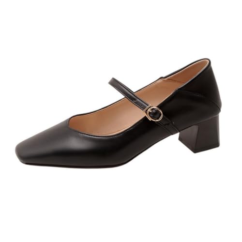Damen Quadratische Zehe Mary Jane Schuhe 4,5 cm Chunky Heel Hochzeit Party Pumps Knöchelriemen Büro Casual Heels,Schwarz,35 EU von JZWBLDS
