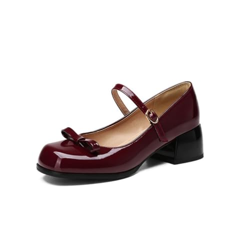 Damen Runde Spitze Knöchelriemen Büro Pumps Schleife Block Absatz Hochzeit Gast Brautschuhe Arbeit-Freizeit Kleid Absätze,Rot,41 EU von JZWBLDS