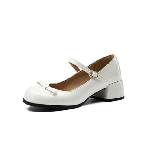 Damen Runde Spitze Knöchelriemen Büro Pumps Schleife Block Absatz Hochzeit Gast Brautschuhe Arbeit-Freizeit Kleid Absätze,Weiß,38 EU von JZWBLDS