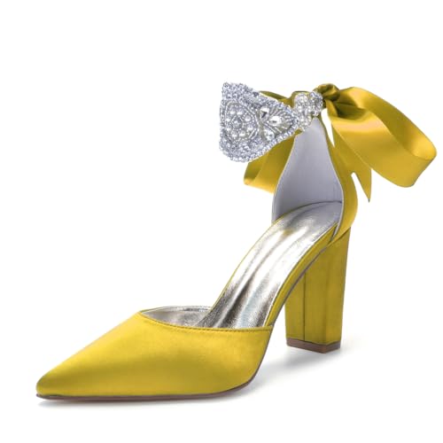 Damen Spitze Zehenpartie Satin Heels Knöchelriemen Hochzeit Party Blockabsätze Strass Formelle Schuhe Für Veranstaltungen,Gelb,39 EU von JZWBLDS