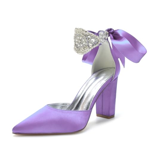 Damen Spitze Zehenpartie Satin Heels Knöchelriemen Hochzeit Party Blockabsätze Strass Formelle Schuhe Für Veranstaltungen,Light Purple,36 EU von JZWBLDS