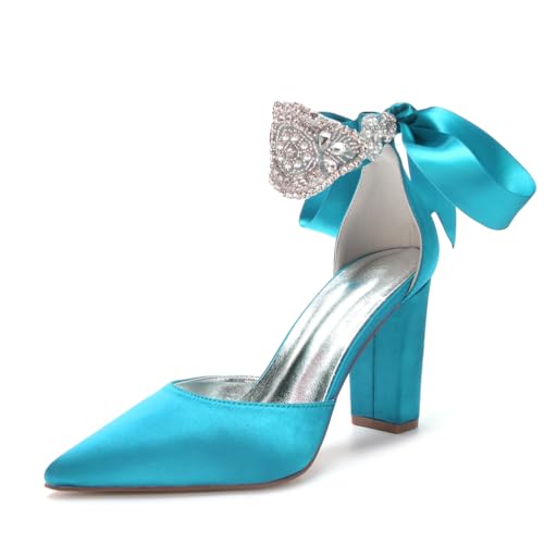 Damen Spitze Zehenpartie Satin Heels Knöchelriemen Hochzeit Party Blockabsätze Strass Formelle Schuhe Für Veranstaltungen,Turquoise,37 EU von JZWBLDS