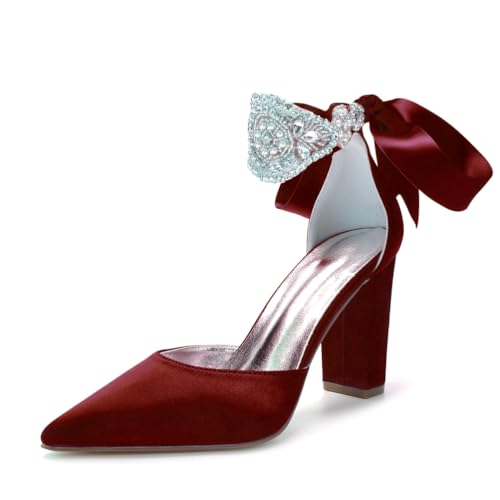 Damen Spitze Zehenpartie Satin Heels Knöchelriemen Hochzeit Party Blockabsätze Strass Formelle Schuhe für Veranstaltungen,Burgundy,41 EU von JZWBLDS