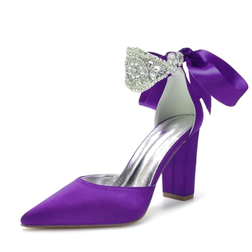 Damen Spitze Zehenpartie Satin Heels Knöchelriemen Hochzeit Party Blockabsätze Strass Formelle Schuhe für Veranstaltungen,Dark Purple,39 EU von JZWBLDS