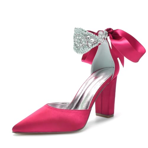 Damen Spitze Zehenpartie Satin Heels Knöchelriemen Hochzeit Party Blockabsätze Strass Formelle Schuhe für Veranstaltungen,Fuchsia,40 EU von JZWBLDS